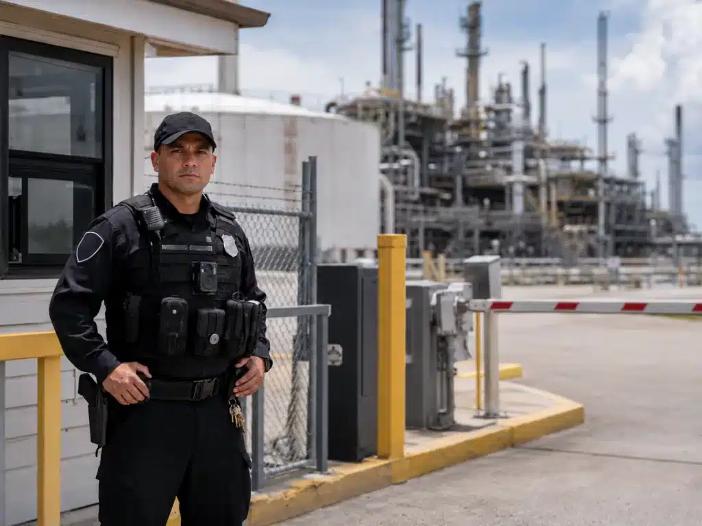 Industrial Checkpoint Officer Against Refinery