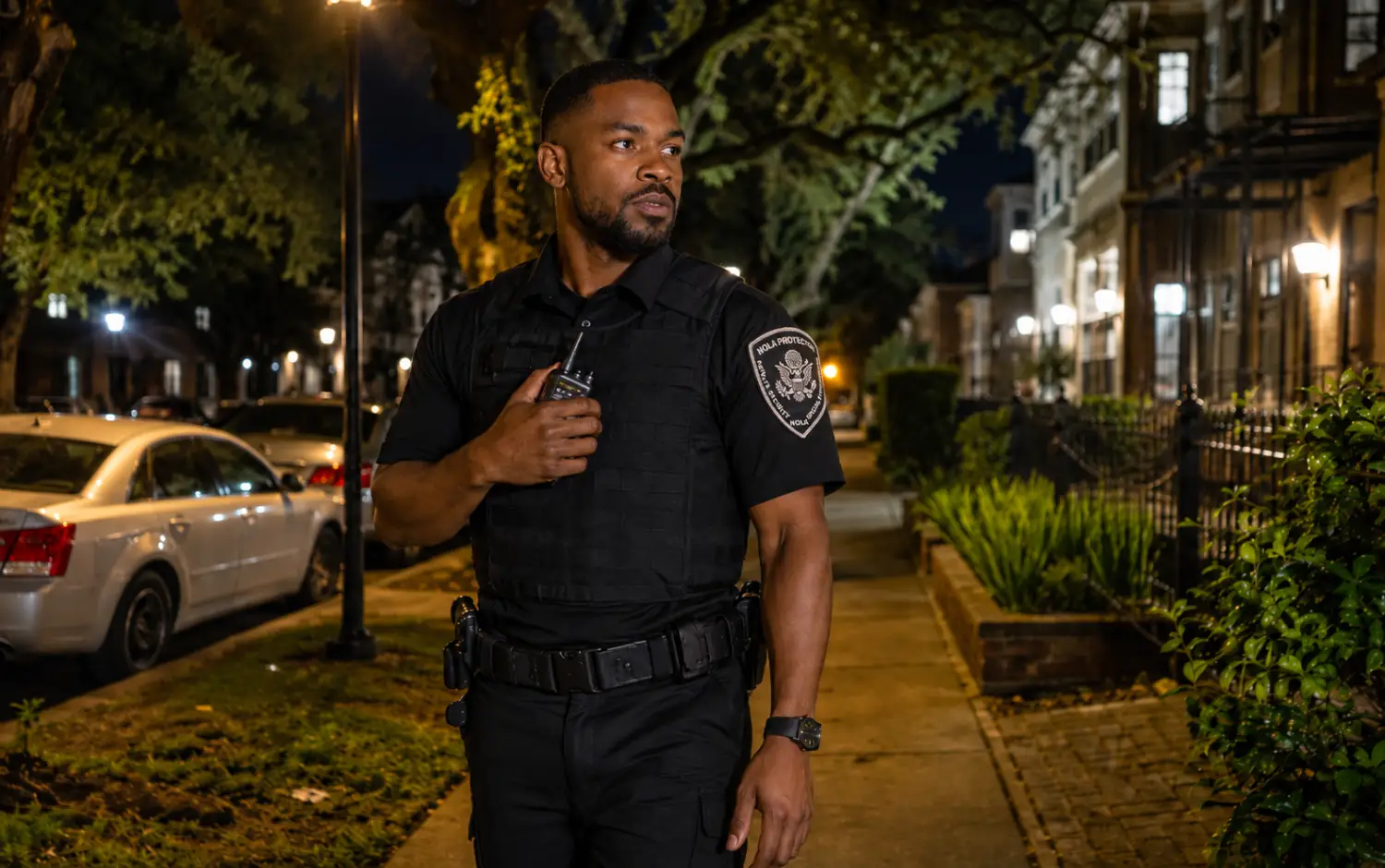 security officer conducting a foot patrol through a residential neighborhood